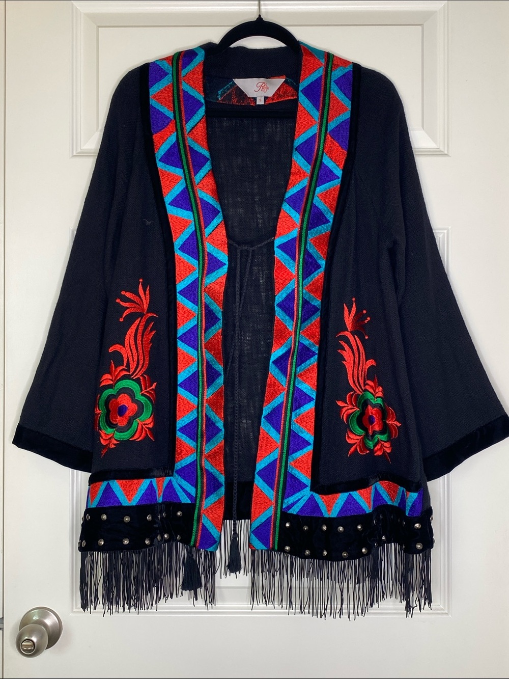 Black Embroidered Fringe Cardigan with Colorful Geometric Trim
